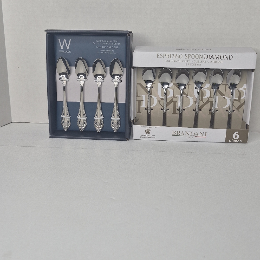 New Wallace Antique Baroque Demitasse Spoons & Brandani Diamond Espresso Spoons